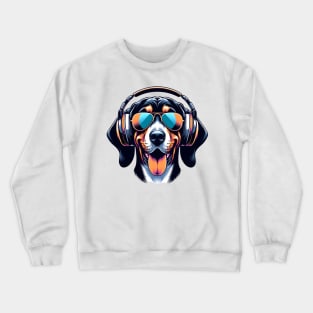 Grinning Black and Tan Coonhound as Smiling DJ Crewneck Sweatshirt